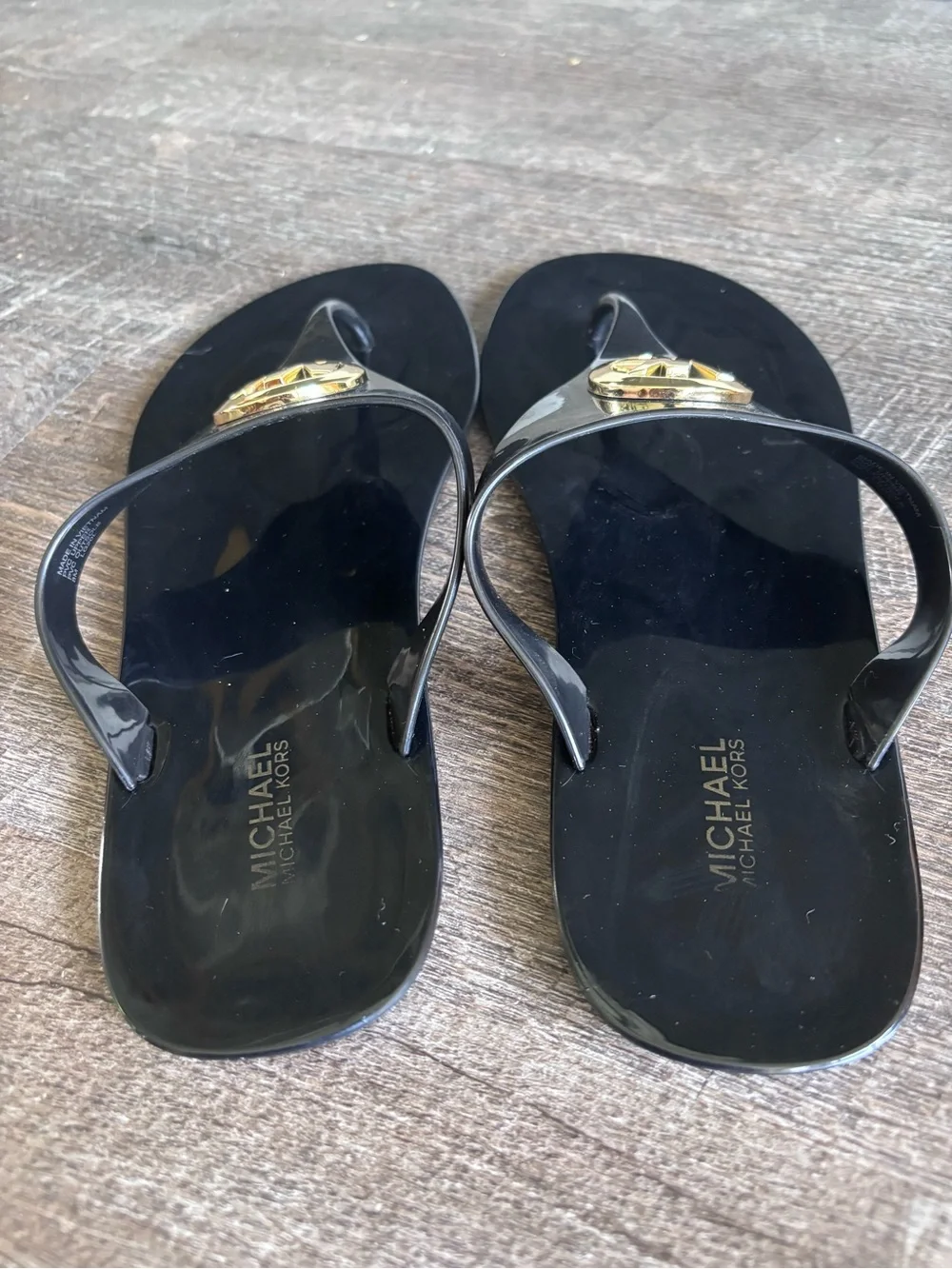 Michael Kors Black Jelly Thong Sandals with Gold MK Medallion-8